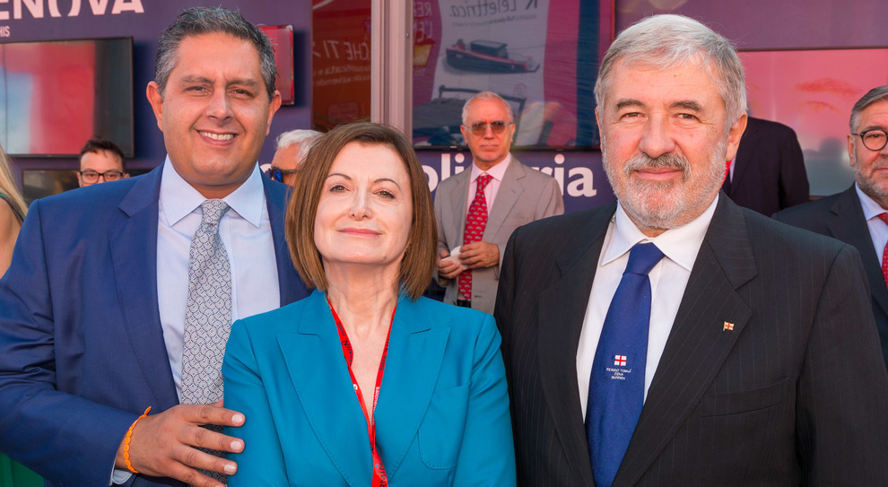 Da sinistra il presidente della Regione Liguria, Giovanni Toti, Carla Demaria presidente di Ucina ed il sindaco di Genova, Marco Bucci