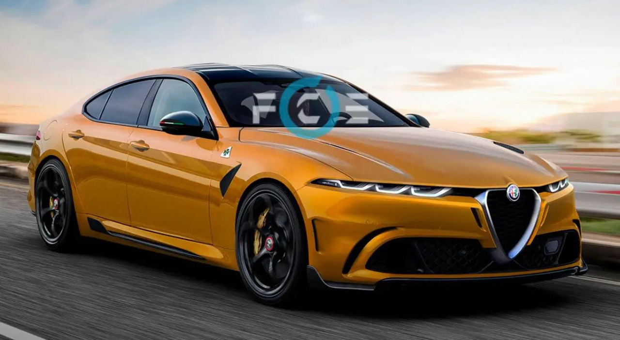 Un rendering di come potrebbe essere la Alfa Romeo GTV coupé 4 porte che sarà sul mercato nel 2027